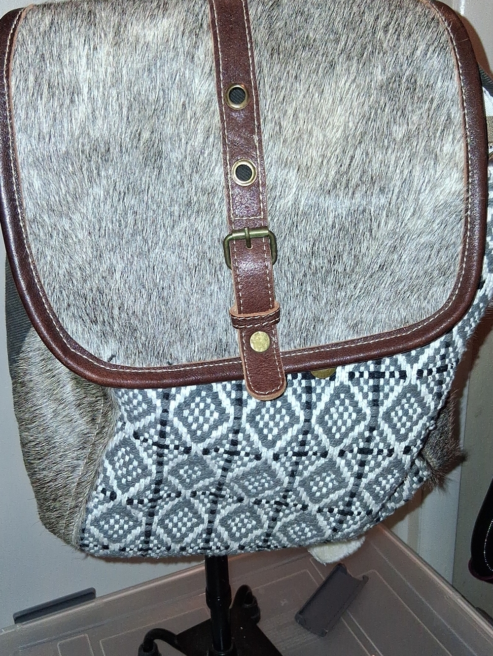 MYRA BAG Gray and Brown Textured Women’s Backpack with Geometric Front